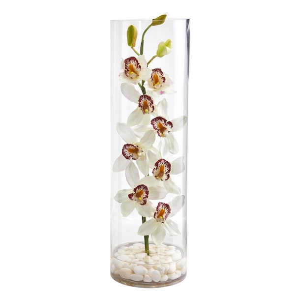Nearly Naturals Cymbidium Orchid Artificial Arrangement in Tall Cylinder Vase - White 1710-WH - main